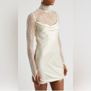 New Bridal DeLaVali Ivory White Croissant Silk-Satin And Lace Mini Dress Sz 6